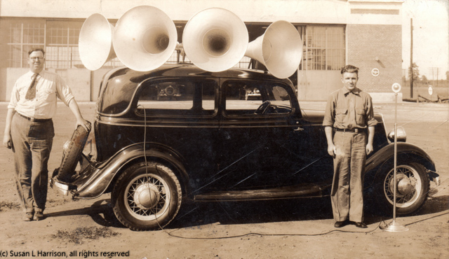 Jesse K Hagemeyer Sr with huge speakers on a car